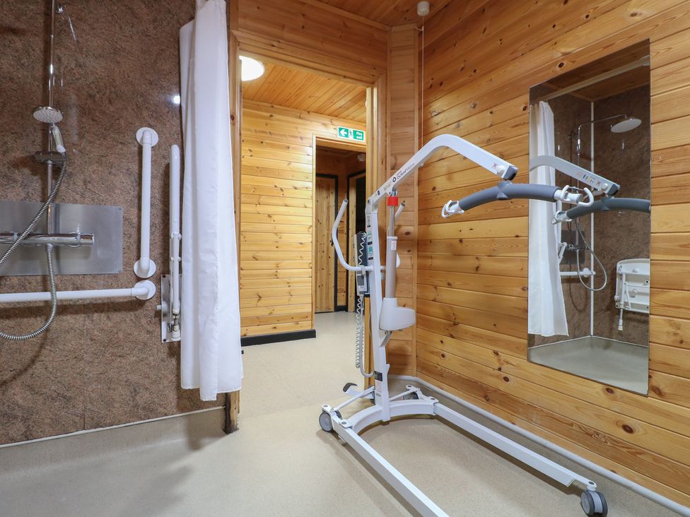 A bathroom with a shower, grab bars, a white curtain, a ceiling-mounted lift, and a mirror on wooden walls at Chestnut Lodge in Rosliston