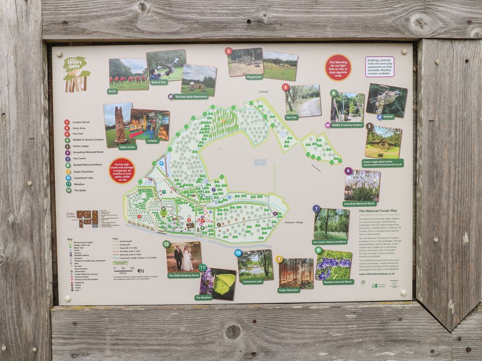 A map of Rosliston Forestry Centre with labeled areas and photos of activities and sites at Rosliston Forestry Centre in Rosliston