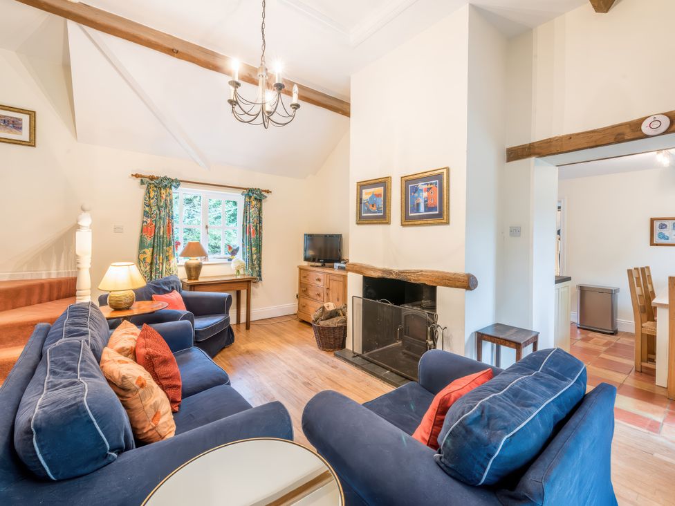 A living room with a television and fireplace at The Coach House in Lydford