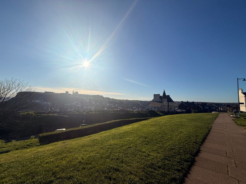 A pathway with grass and buildings under sunlight at Pebble Cottage in Whitby