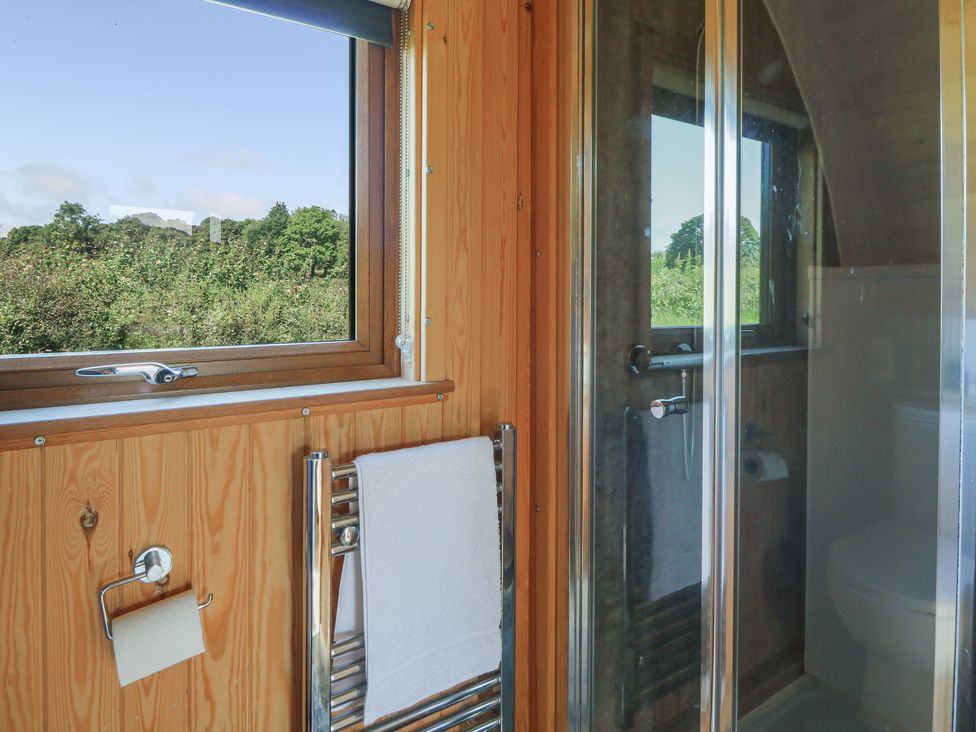 A bathroom with a shower and towel rack at Ty Twt Teifi in Tregaron