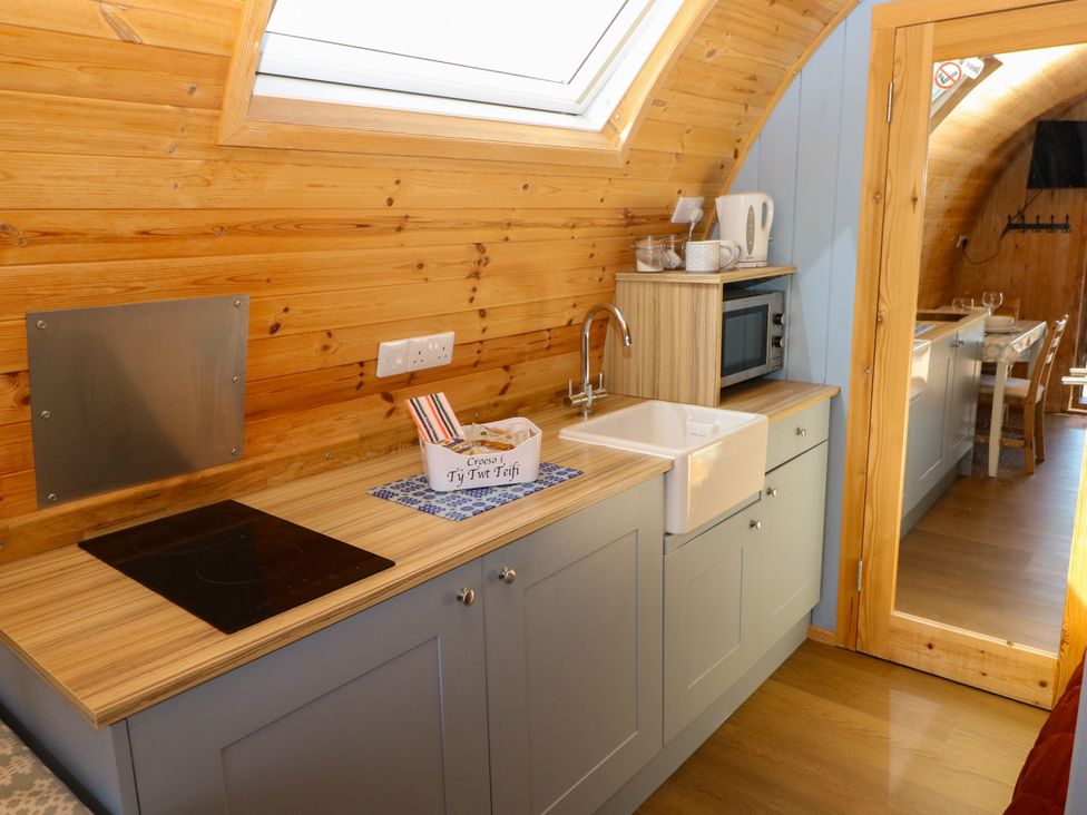 A kitchen with a sink and microwave at Ty Twt Teifi in Llanddewi-Brefi