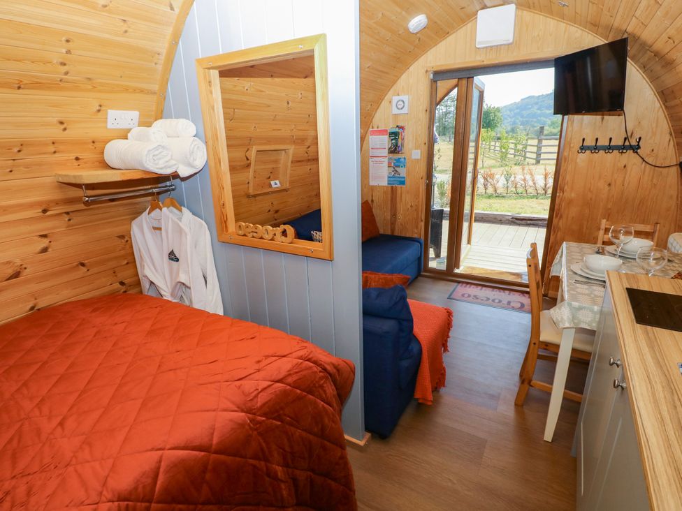 A living room with a bed and kitchenette at Ty Twt Teifi in Llanddewi-Brefi