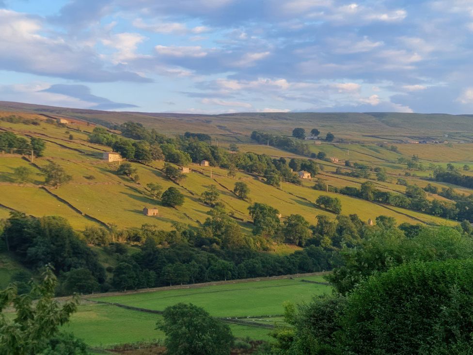 Landscape with hills and scattered buildings at Nick Jone in Reeth