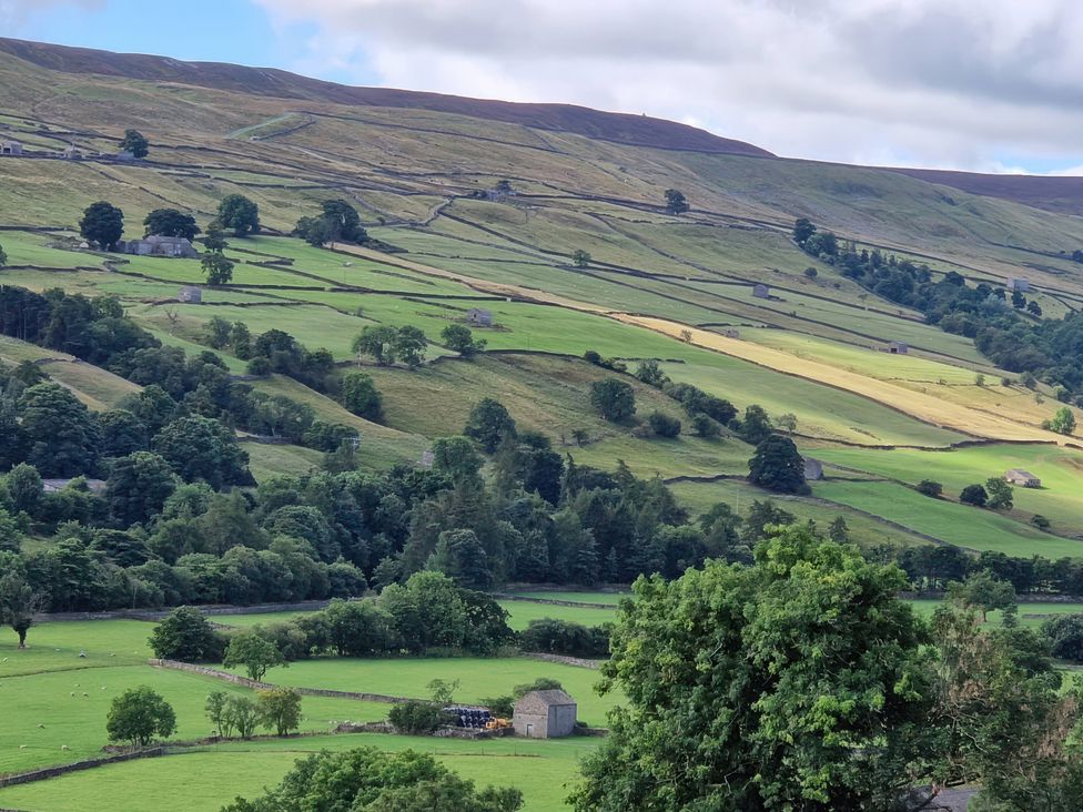 A landscape with rolling hills and stone barns at Nick Jone in Reeth