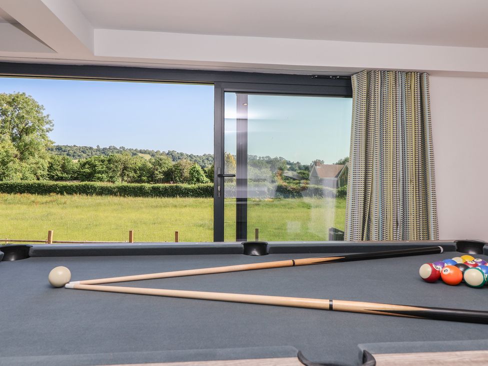 A game room with a pool table and view at Number 7 Bishop Sutton