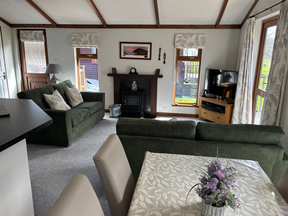 A living room with two sofas, a TV, and a fireplace at 2 Riverside Lodge Abercych near Cenarth