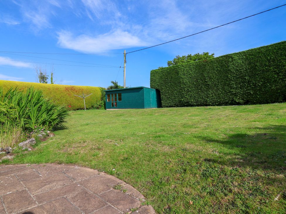 A garden with a shed and grass at 1 Eastdon Cottages in Exeter
