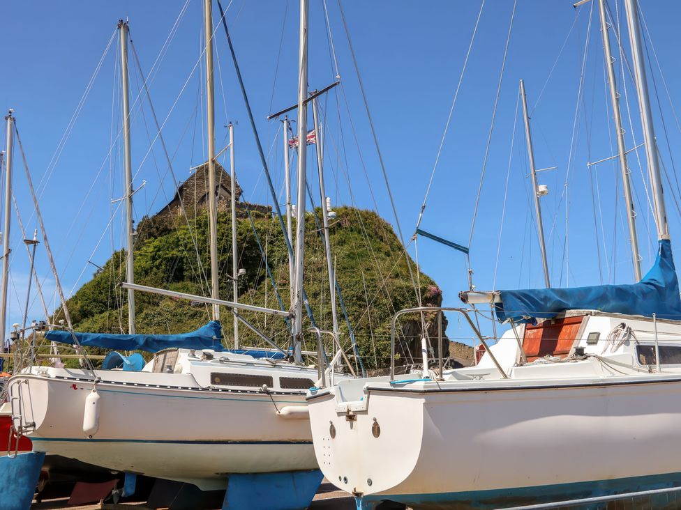 Sailboats docked at a marina with a hill in the background at Hollycombe, Ilfracombe