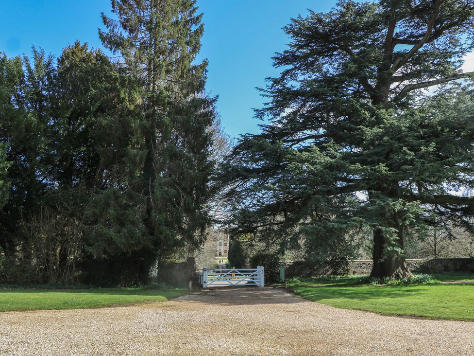 A gate and gravel path with trees at Rectory Cottage Chawton near Alton Hampshire