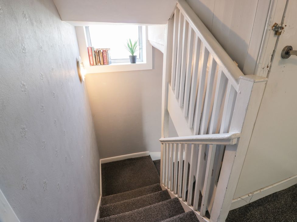 A staircase with books and a plant by the window at Fleet Townhouse in Castle Douglas