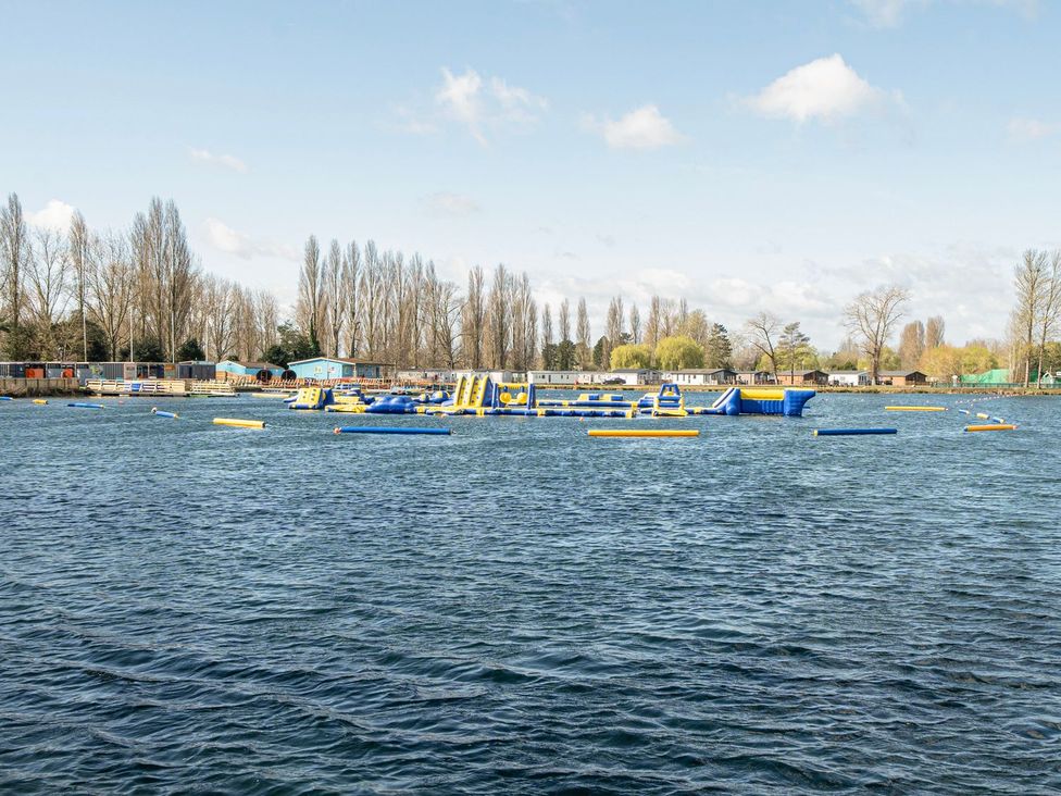 An outdoor water area with inflatable structures at The Splash Pad - Billing Aquadrome