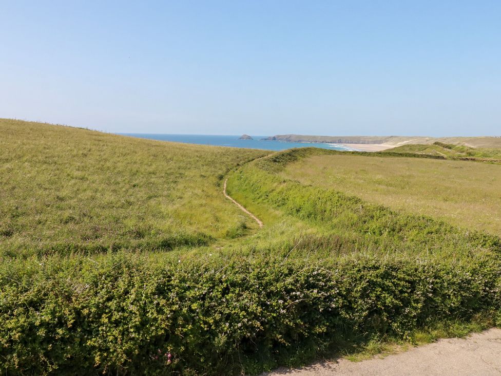 A coastal view with grass and a path at Jacana Perranporth
