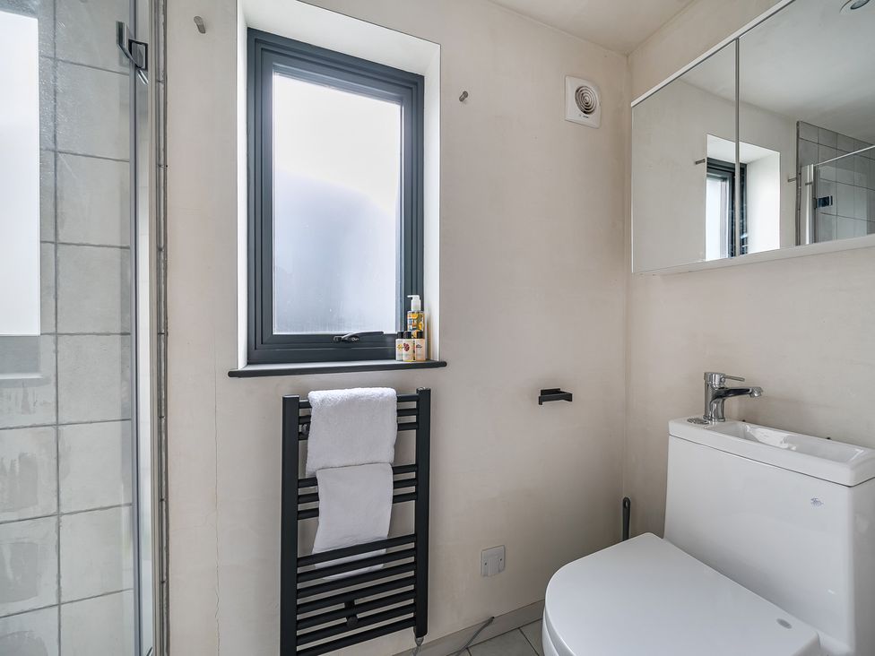A bathroom with a shower and toilet at Grove Cottage in Kington