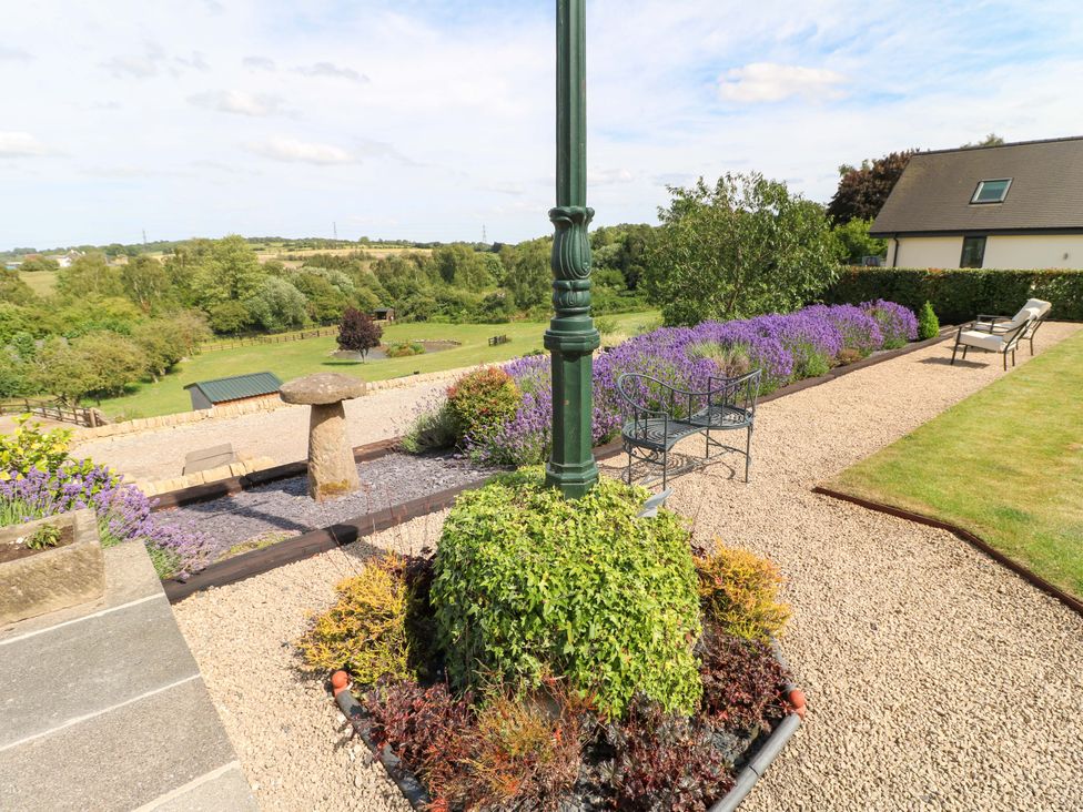 A garden with a lamp post and bench at New Elms Farmhouse, Melbourne, Derbyshire