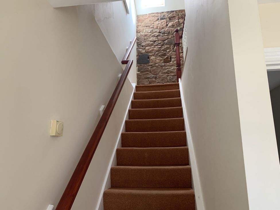 A staircase with carpet and a handrail at Millers Cottage Seaville near Wigton