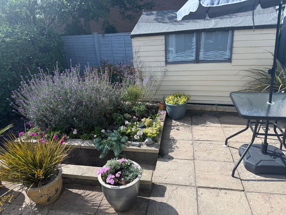 A garden with a shed and potted plants at Seahills in Lyme Regis