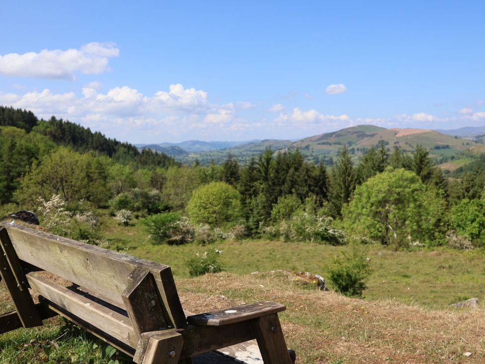 A bench overlooking a landscape with trees and hills at Cynynion Uchaf Rhydycroesau near Trefonen