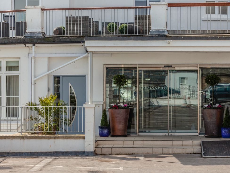 An entrance with potted plants and a door at 43 The Salcombe in Salcombe