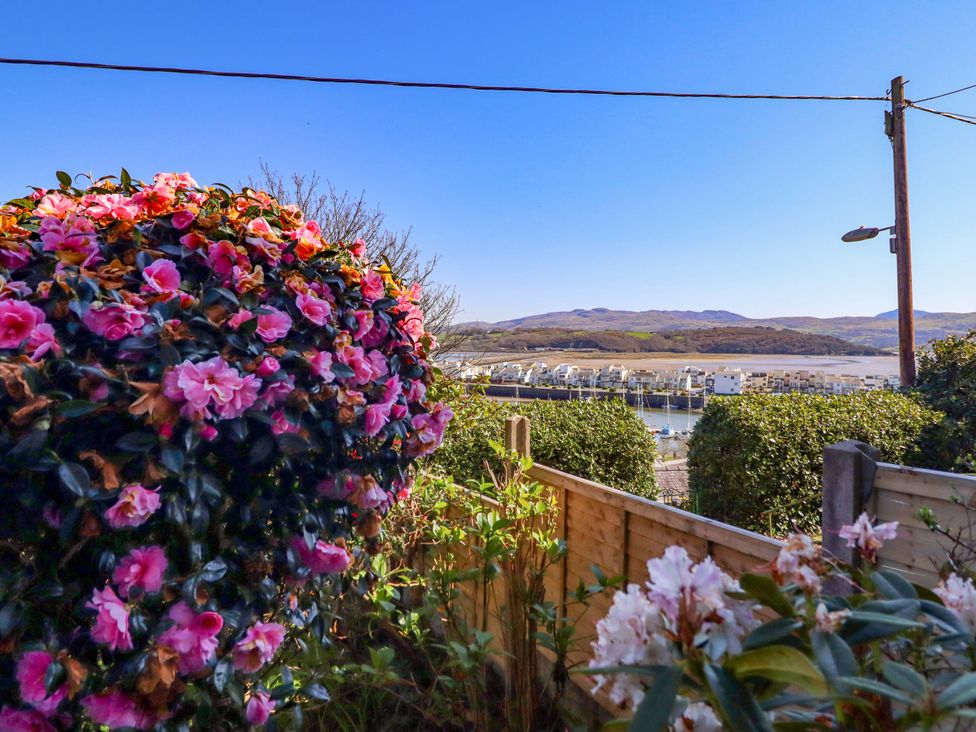 A garden with flowering plants and a view of the marina at Garth Celyn in Porthmadog