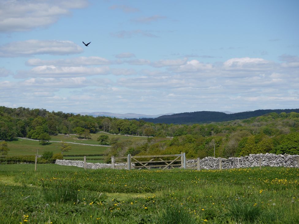 A green field with a wooden gate and stone walls under a blue sky with clouds and a bird flying at 1 The Green in Silverdale