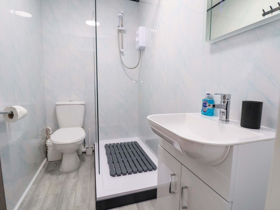 A bathroom with a toilet, shower, and sink at 4 Willow Grove - Freehold Talacre
