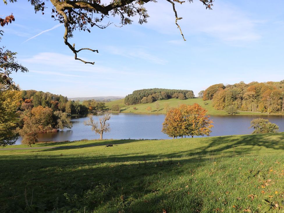 A lake surrounded by grass and trees at Fogga Croft in Skipton