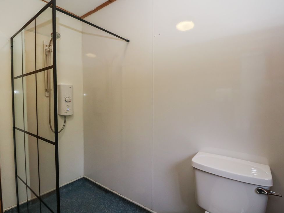 A bathroom with a shower and toilet at Shore Lodge in Brodick