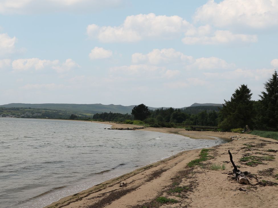A beach with water and trees at Shore Lodge in Brodick