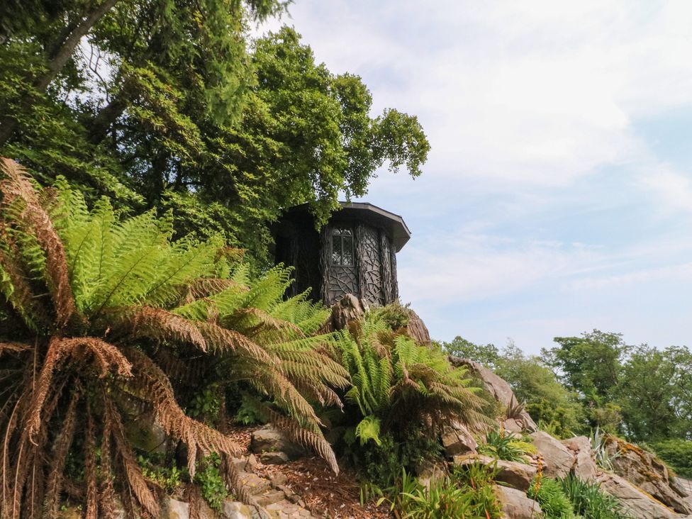 A cabin surrounded by ferns and rocks at Shore Lodge in Brodick