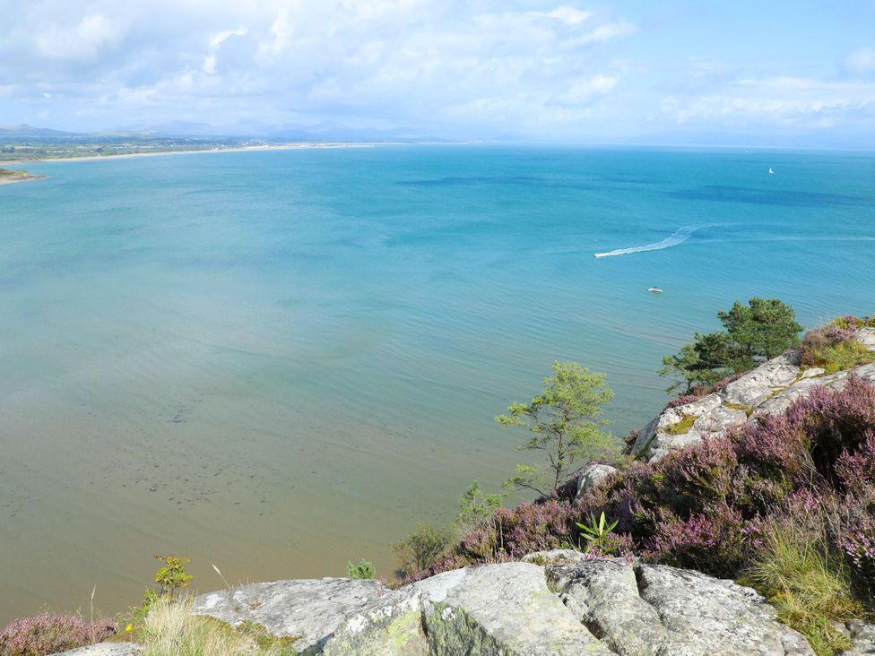 A coastal view from a rocky cliff with heather plants and trees overlooking the sea at Pen-Y-Bont in Trefor