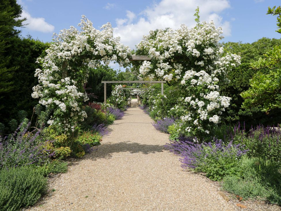A garden with a flower archway and a pathway at Beech in Newbury