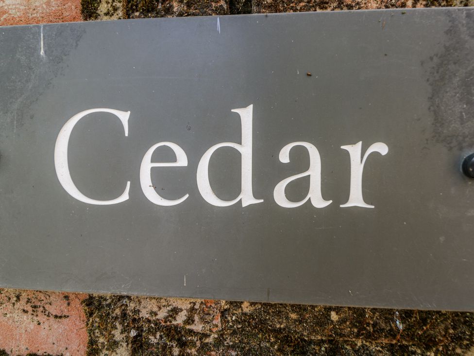 A sign with the word Cedar mounted on a brick wall
