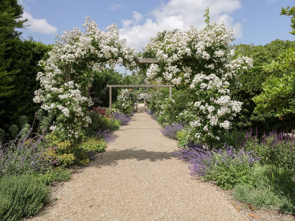 A garden pathway with flowers and a white arch at Cedar Elcot near Newbury