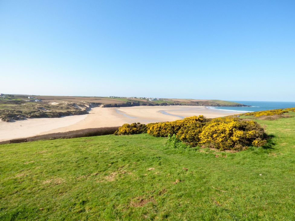 A beach view with grass and bushes at Lazy Days St Merryn