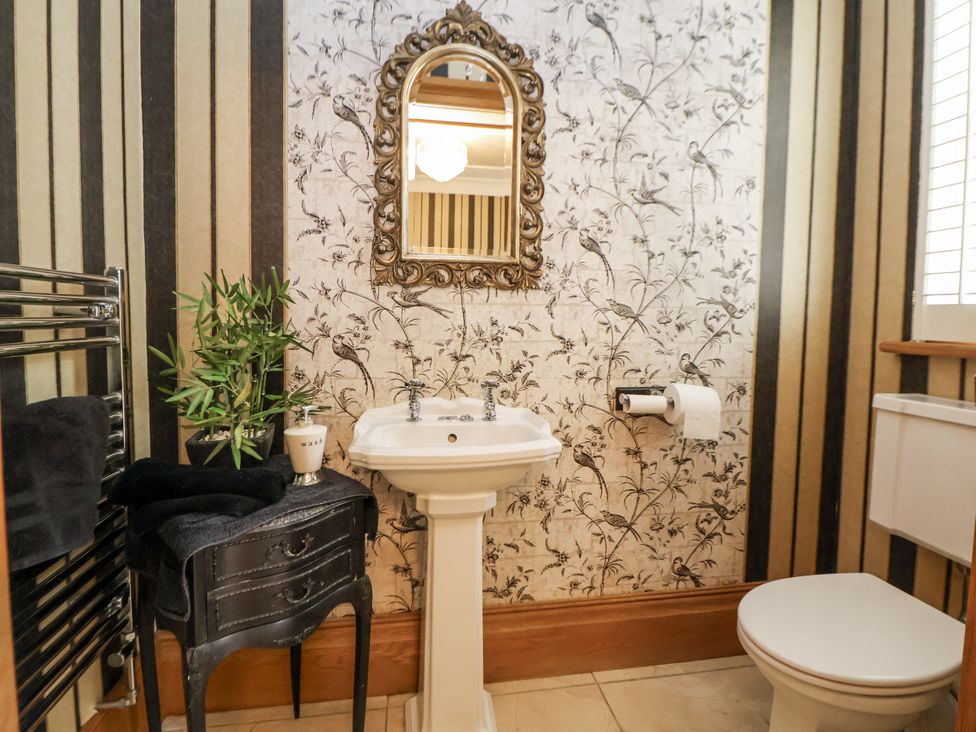 A bathroom with a sink, toilet, mirror, and a plant at Mount House in Bryniau near Dyserth