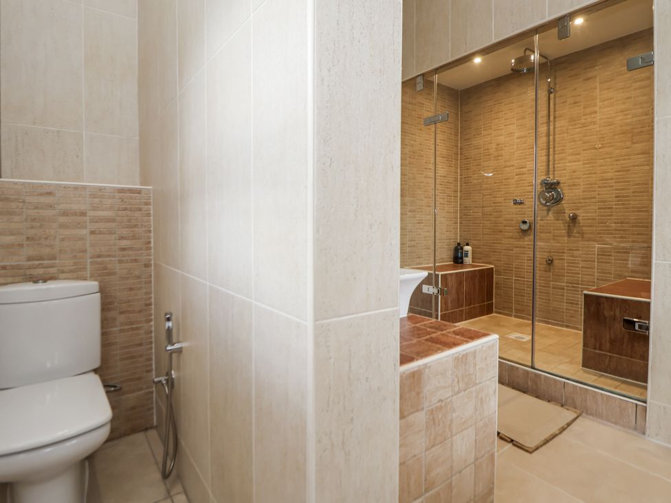 A bathroom with a shower and toilet at Mount House Bryniau near Dyserth