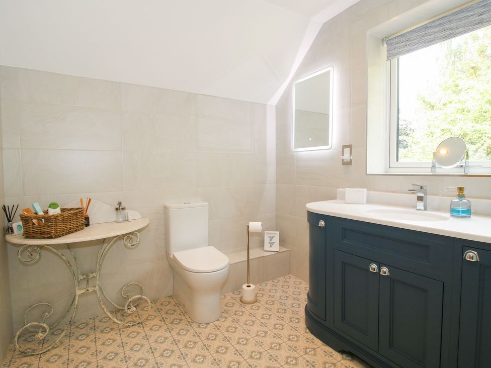 A bathroom with a toilet, sink, and vanity at Sylva Cottage in Burlton near Cockshutt