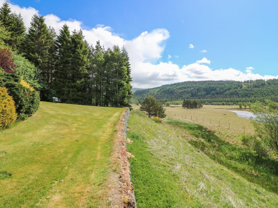A scenic view of trees and a river at Claybockie near Mar Lodge in Braemar