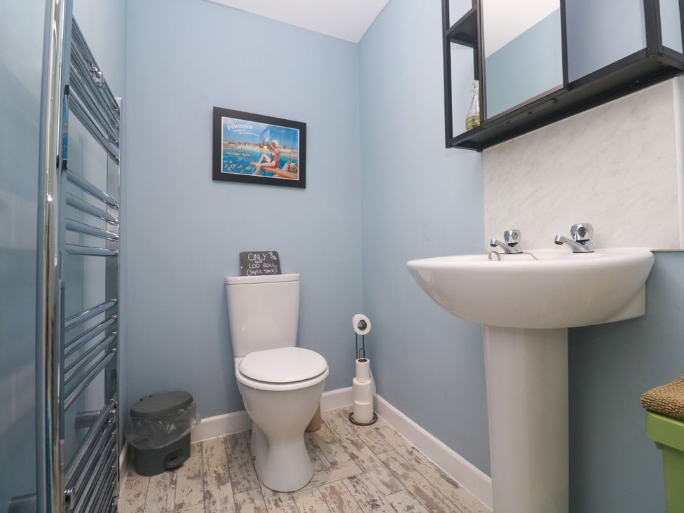 A bathroom with a toilet, sink, and towel rail at The Stable in Rosudgeon