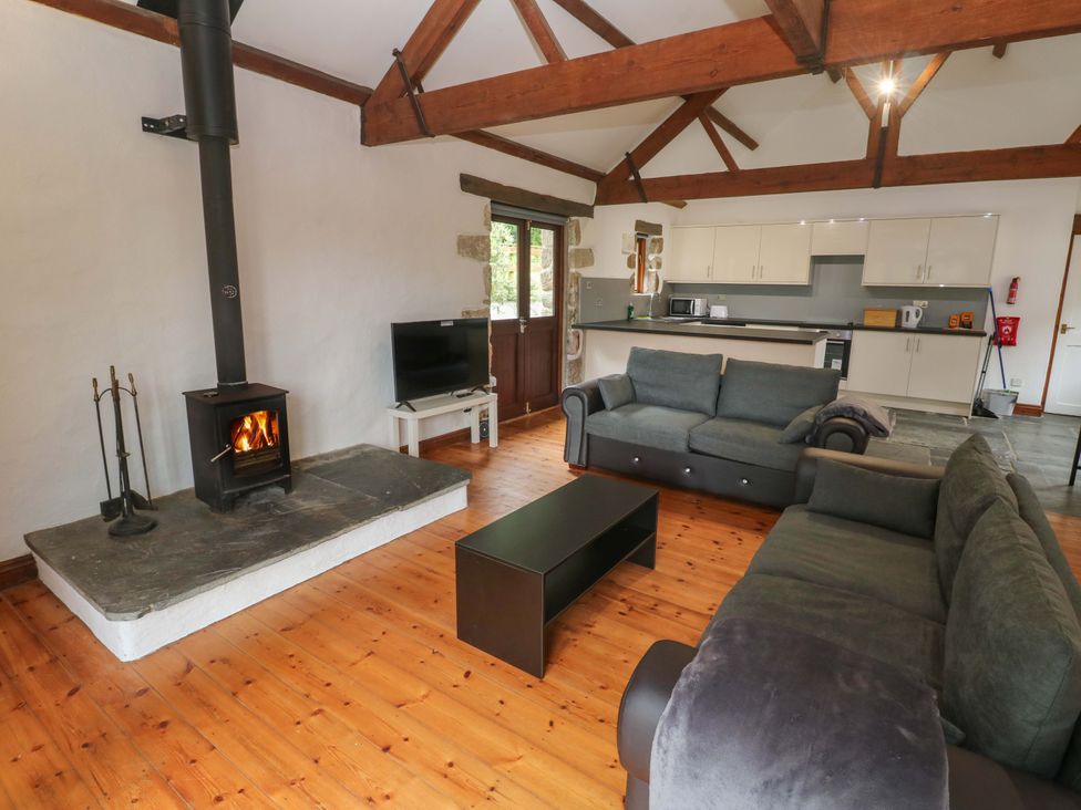 A living room with a wood stove and television at The Shippen in Rosudgeon