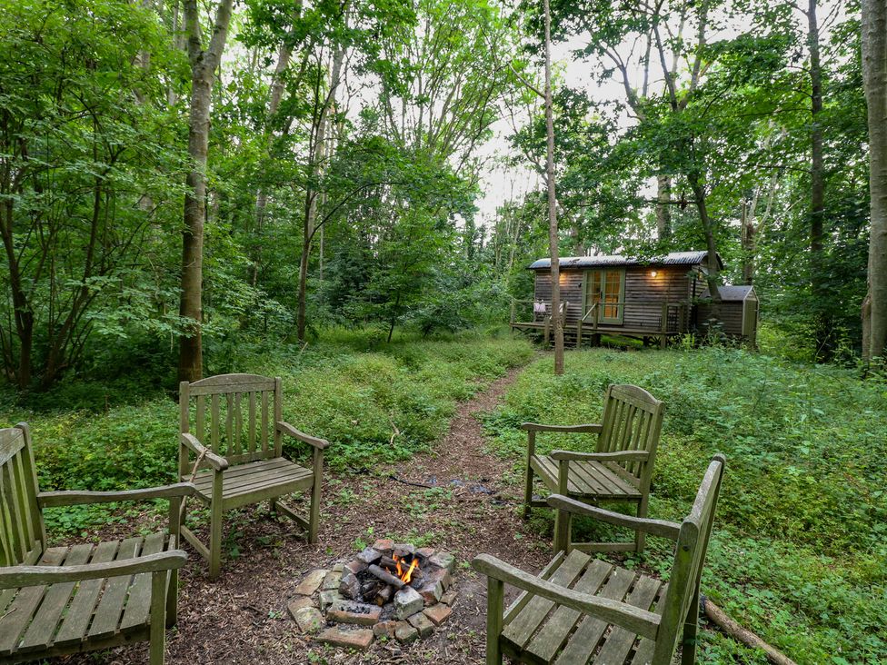 An outdoor space with chairs and a fire pit at Woodlands Retreat Shepherd's Hut in Brundish near Laxfield
