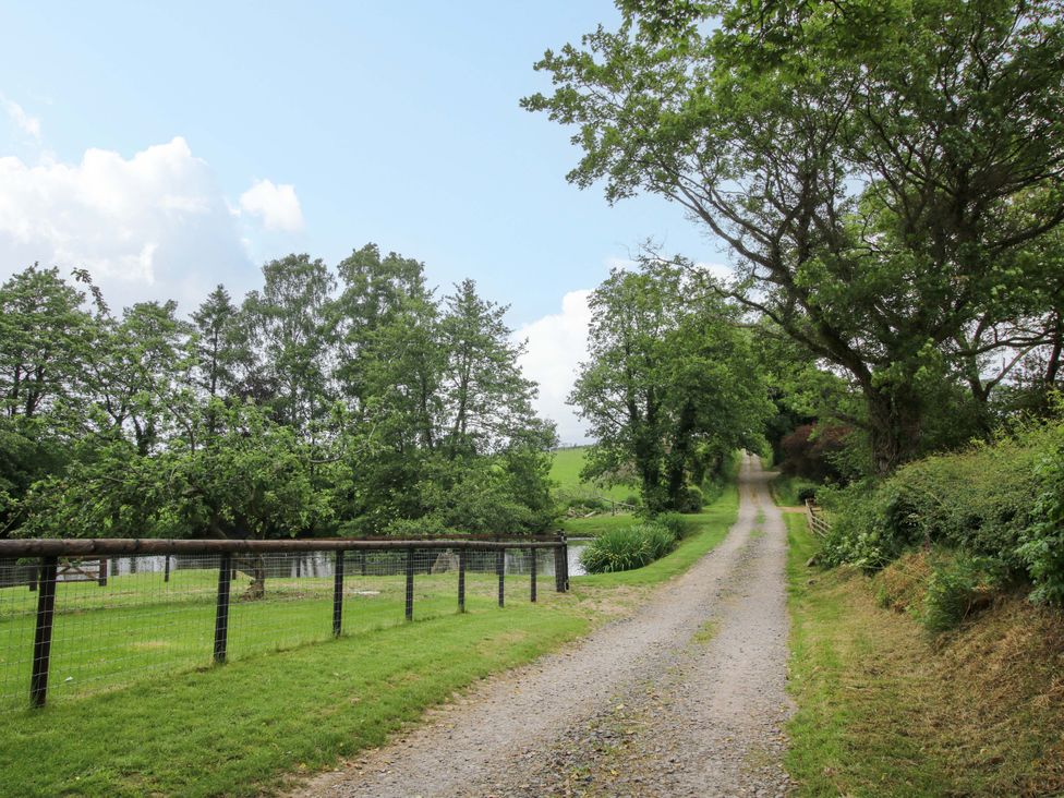 A gravel road beside trees and a pond at Highfields Farm Church Preen near Much Wenlock