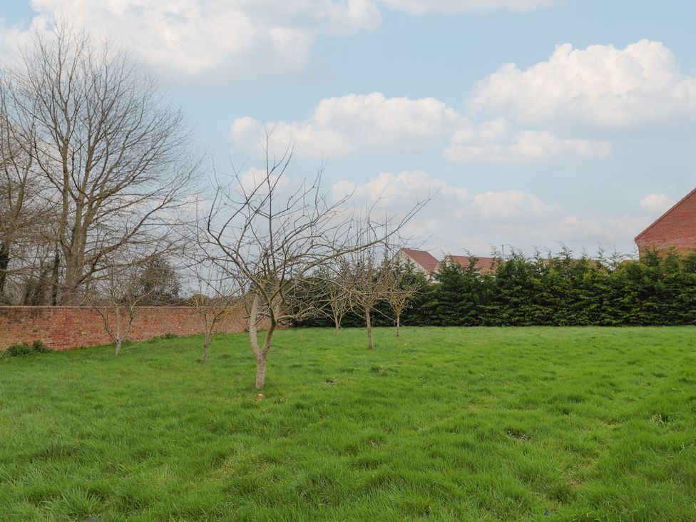 A garden with trees and a wall at Maple Lodge in Westonzoyland nr. Bridgwater