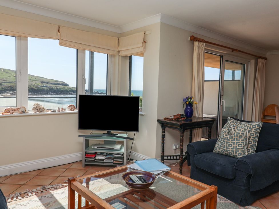 A living room with a view of the sea at 6 Burgh Island in Bigbury-On-Sea