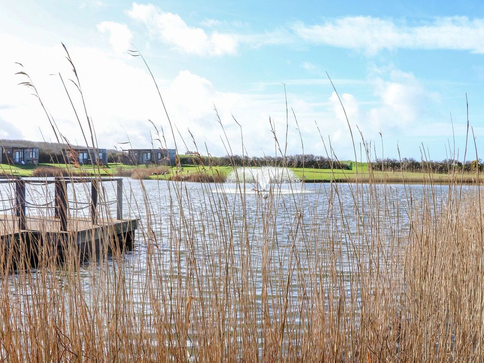 A view of a pond with a dock and houses in the background at The Black Barnacle in Portreath