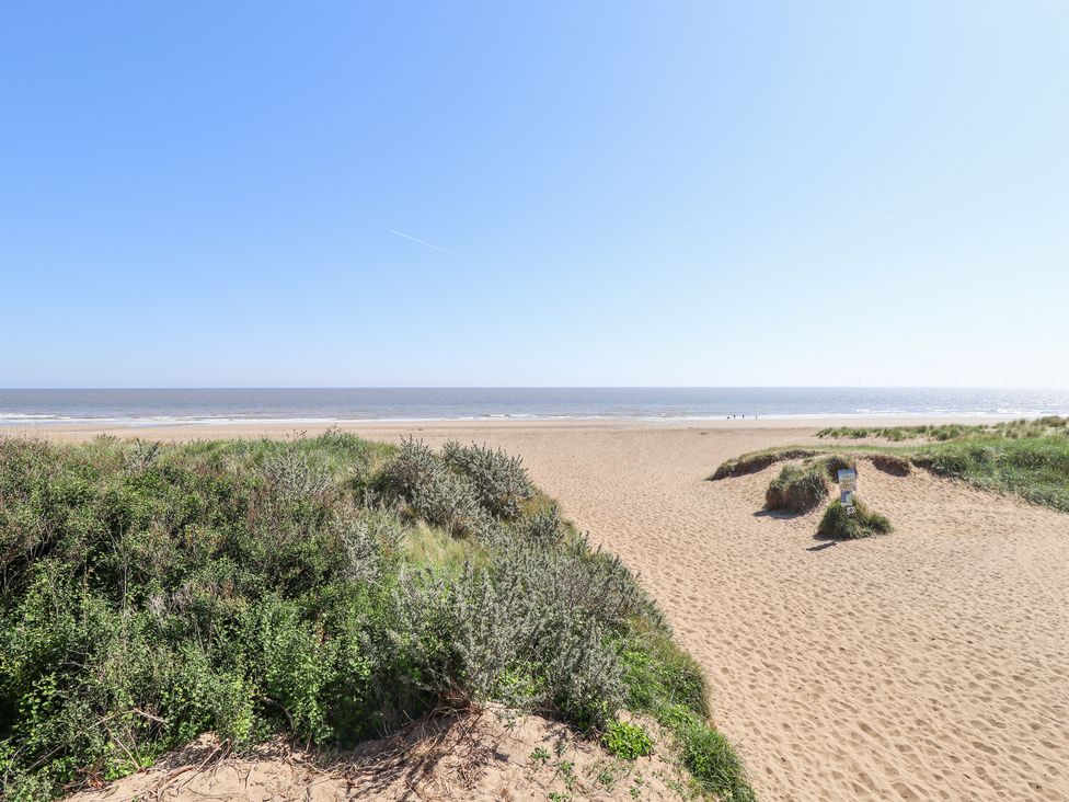 A sandy beach with green vegetation and the sea in the background at 19 The Court in Anderby Creek