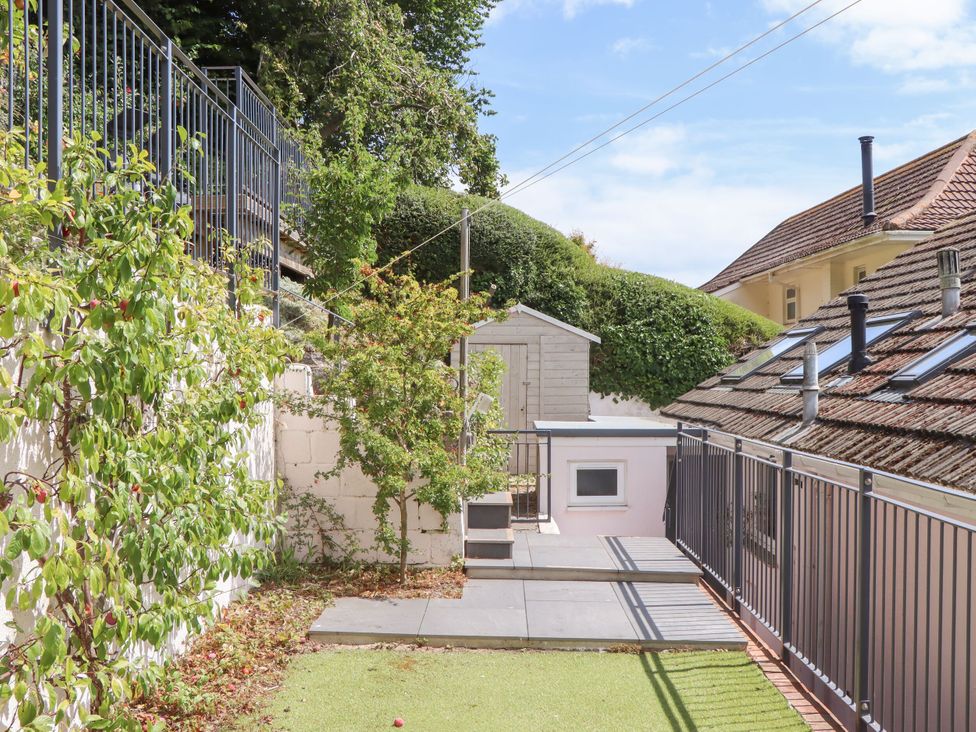 A garden with a shed, greenery and steps at 15 Summerland Avenue Dawlish