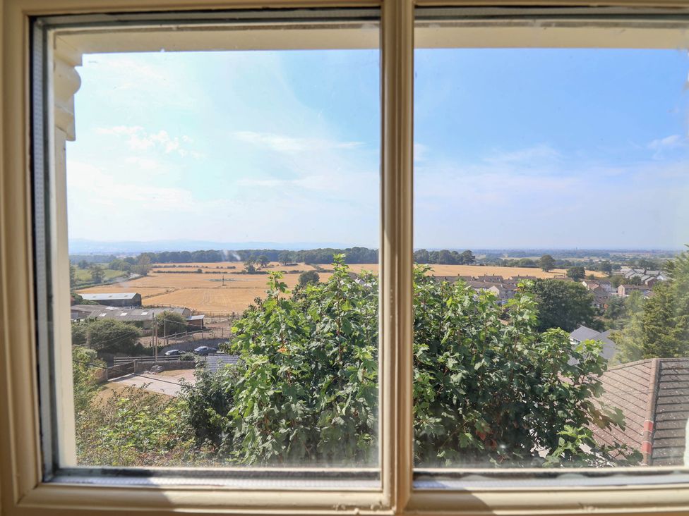 A view from a window showing fields and trees at Ael Y Bryn in Dyserth