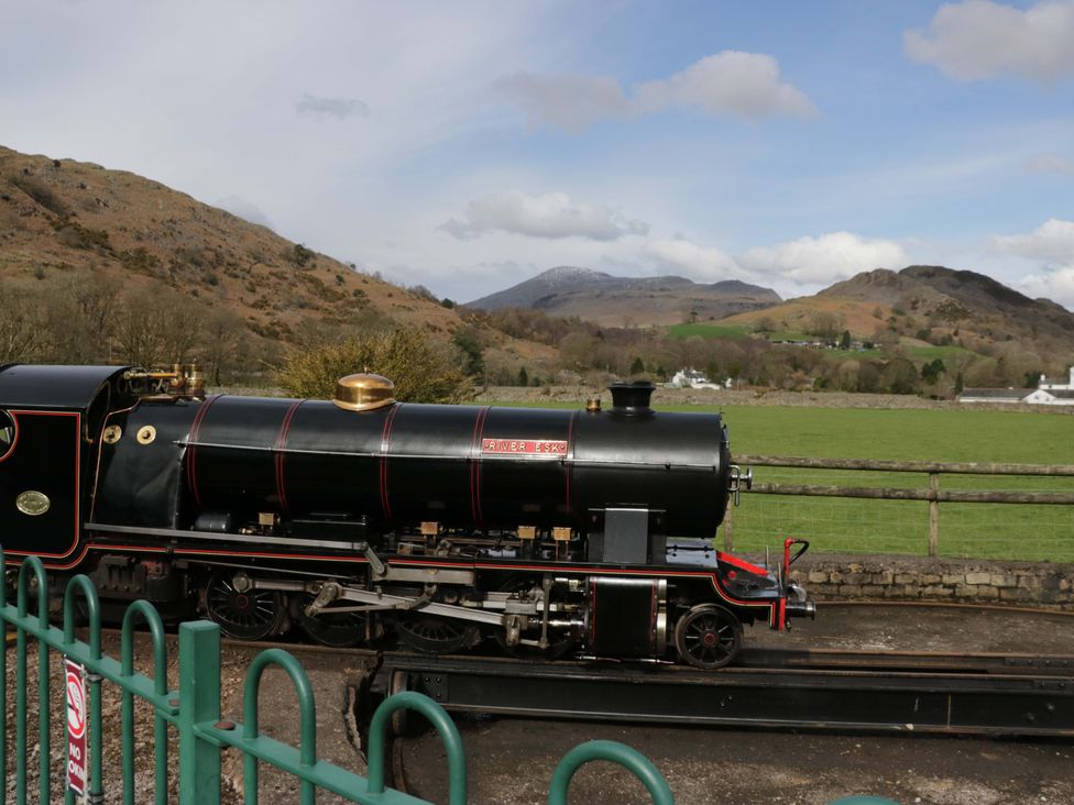 A steam locomotive on tracks with mountains in the background at Dakota in Boot